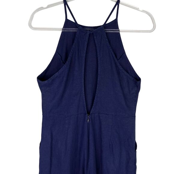 Urban Outfitters Hattie High Neck Linen Jumpsuit Navy 10 Pockets Stretch - Picture 6 of 16